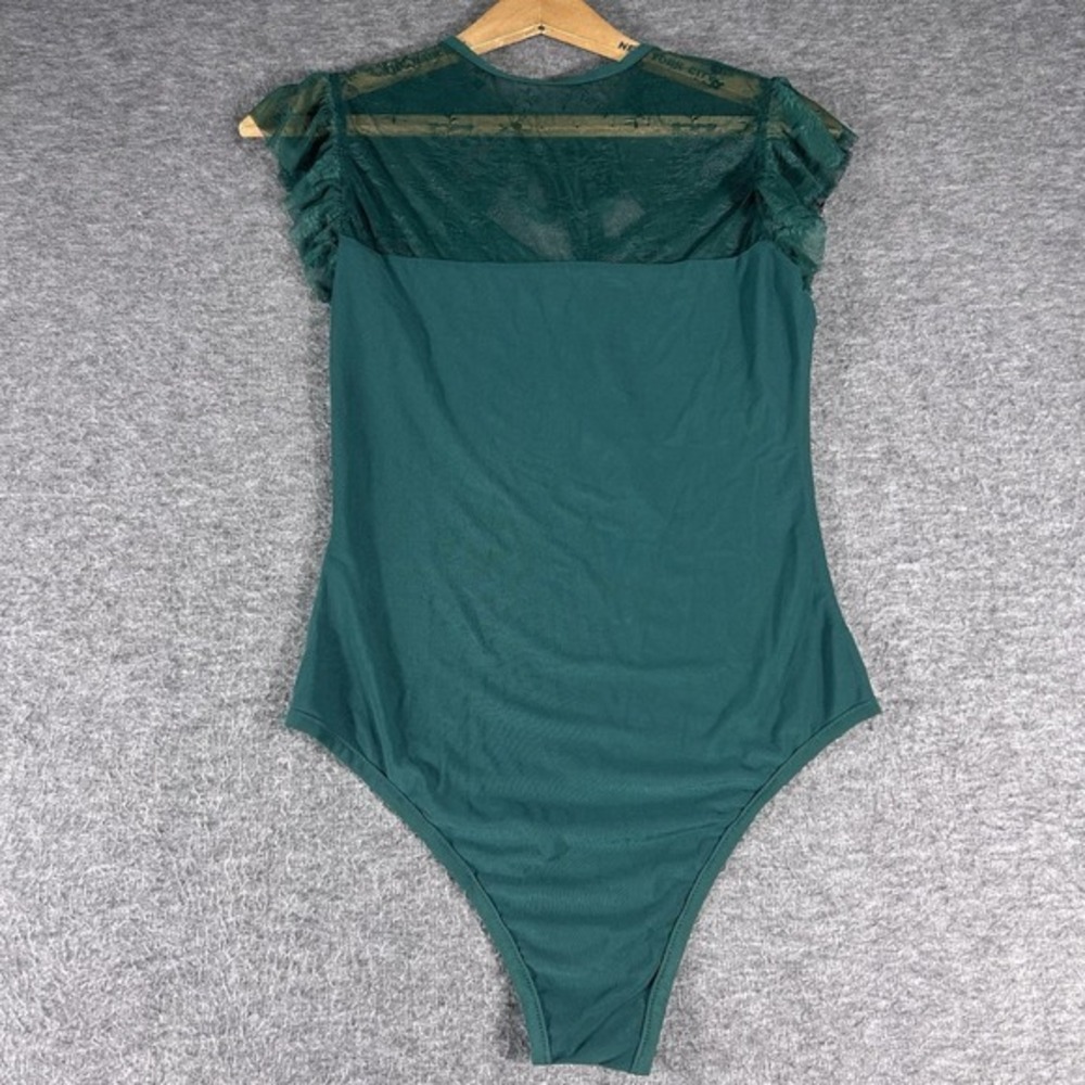 Women's Green Semi Sheer Lace Ruffle Cap Sleeve Bodysuit Tie Neck Sexy City SZ S